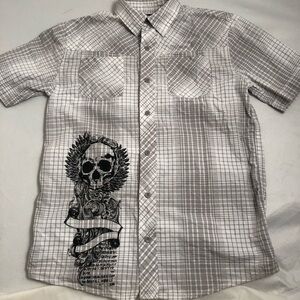 SK-II multicolor black white gray skull graphic short sleeve button down shirt